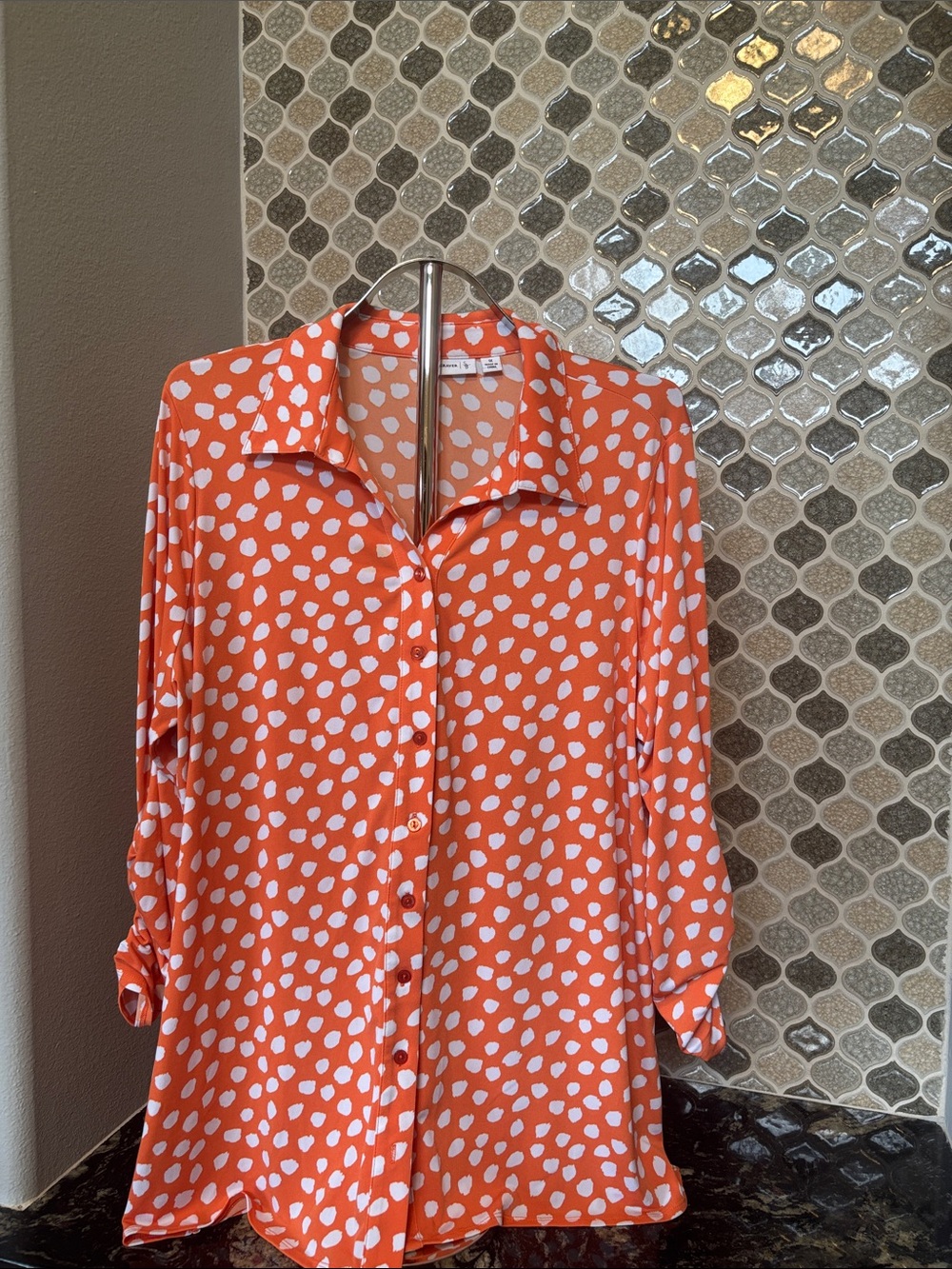 Susan Graver Orange Polka Dot Button-Down Blouse